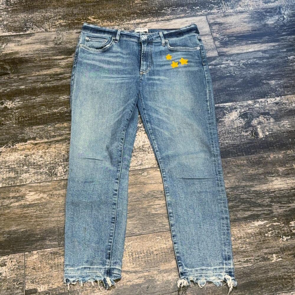 AGOLDE Jeans Womens 31 Blue Denim‎ High Rise Star Embroidery Distressed Raw Hem